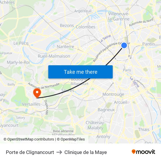 Porte de Clignancourt to Clinique de la Maye map
