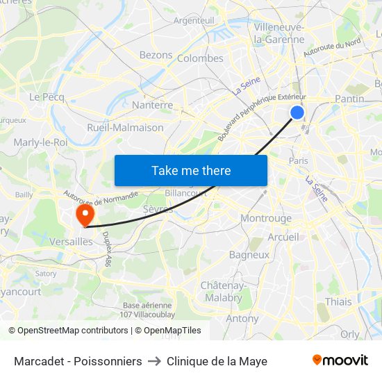 Marcadet - Poissonniers to Clinique de la Maye map