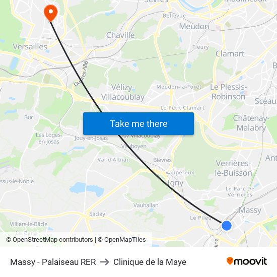 Massy - Palaiseau RER to Clinique de la Maye map