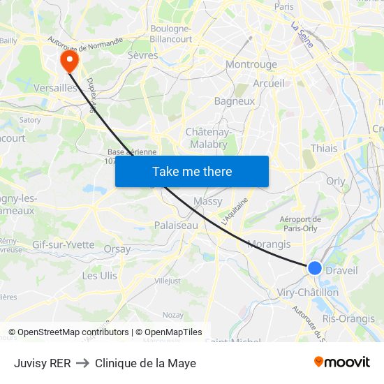 Juvisy RER to Clinique de la Maye map