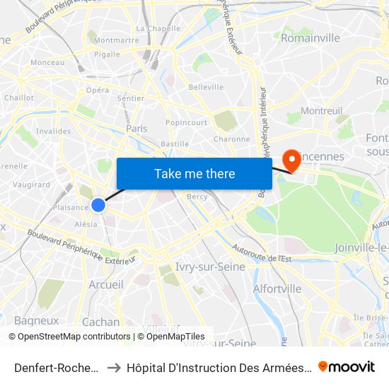 Denfert-Rochereau to Hôpital D'Instruction Des Armées Bégin map