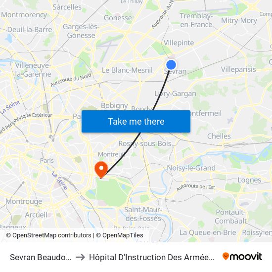 Sevran Beaudottes to Hôpital D'Instruction Des Armées Bégin map