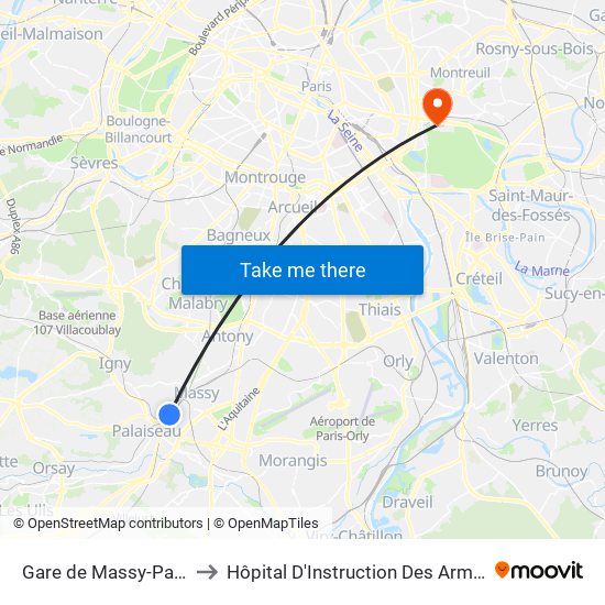 Gare de Massy-Palaiseau to Hôpital D'Instruction Des Armées Bégin map
