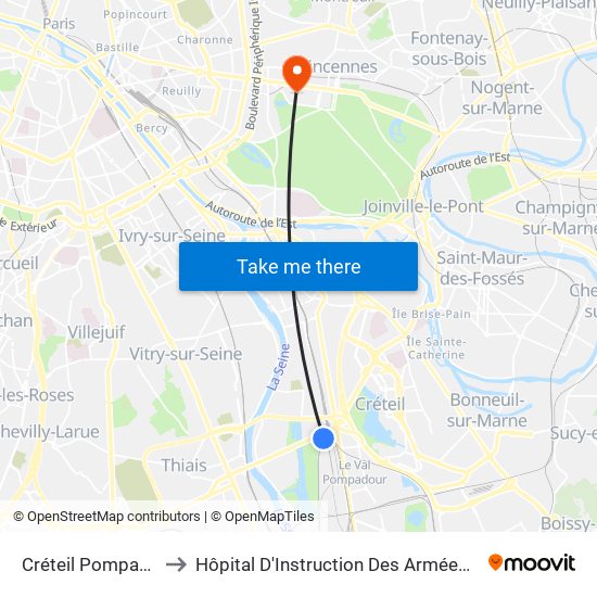 Créteil Pompadour to Hôpital D'Instruction Des Armées Bégin map