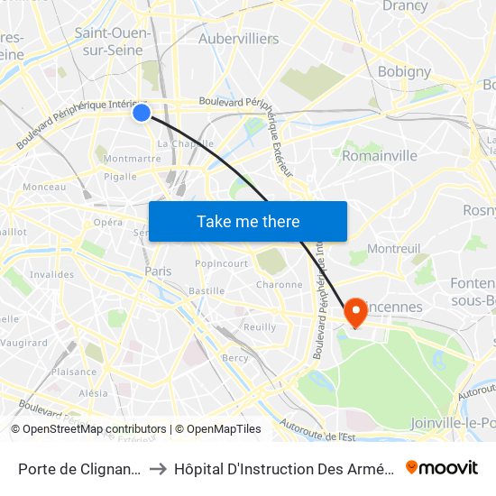 Porte de Clignancourt to Hôpital D'Instruction Des Armées Bégin map