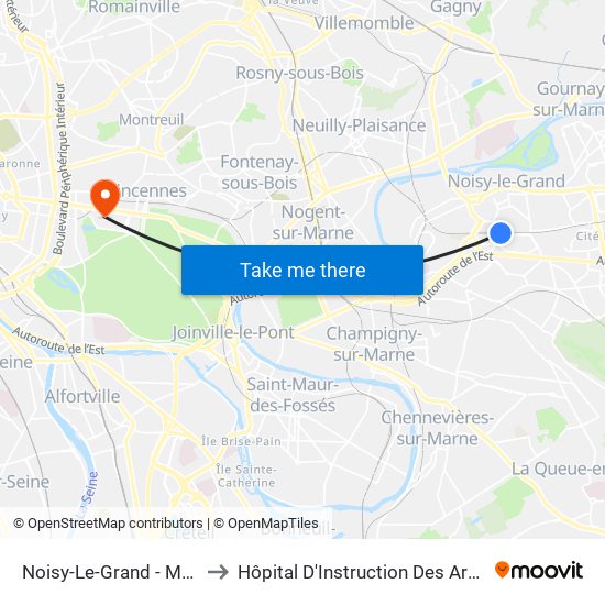 Noisy-Le-Grand - Mont D'Est to Hôpital D'Instruction Des Armées Bégin map