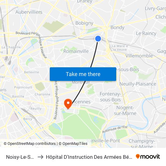 Noisy-Le-Sec to Hôpital D'Instruction Des Armées Bégin map