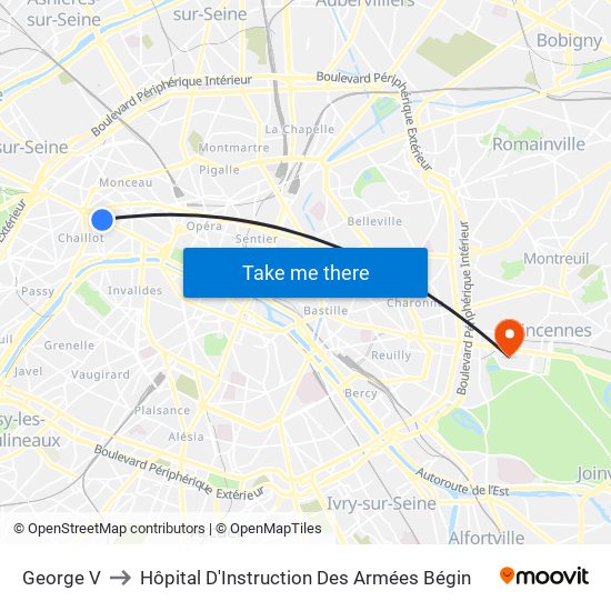 George V to Hôpital D'Instruction Des Armées Bégin map