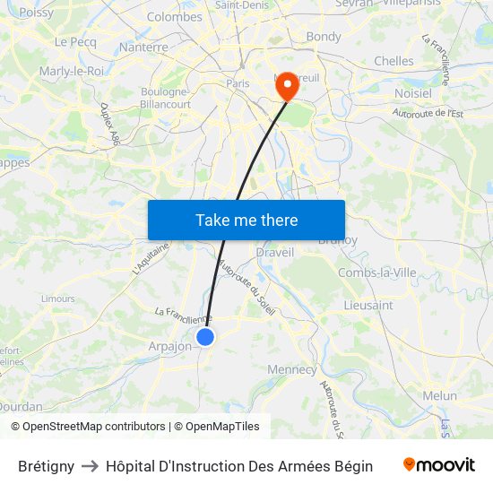 Brétigny to Hôpital D'Instruction Des Armées Bégin map