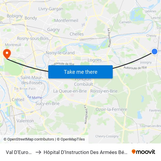 Val D'Europe to Hôpital D'Instruction Des Armées Bégin map