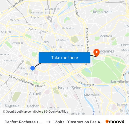 Denfert-Rochereau - Métro-Rer to Hôpital D'Instruction Des Armées Bégin map