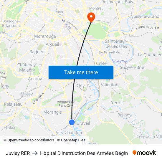 Juvisy RER to Hôpital D'Instruction Des Armées Bégin map