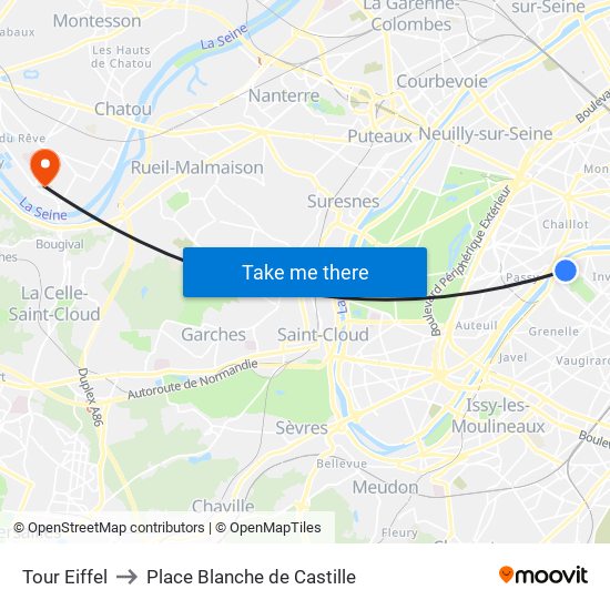 Eiffel Tower to Place Blanche de Castille map