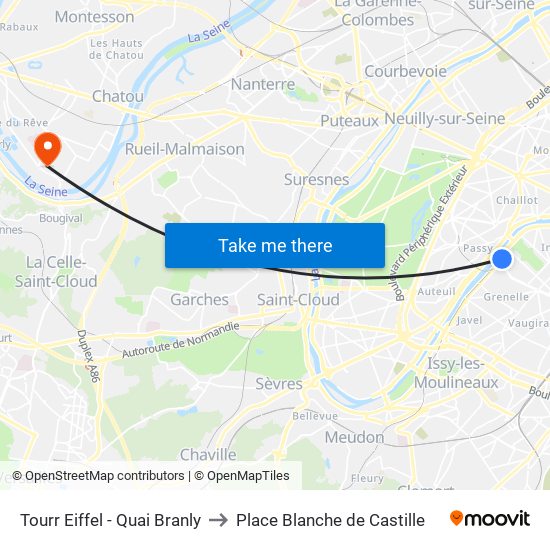 Tourr Eiffel - Quai Branly to Place Blanche de Castille map