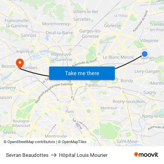 Sevran Beaudottes to Hôpital Louis Mourier map