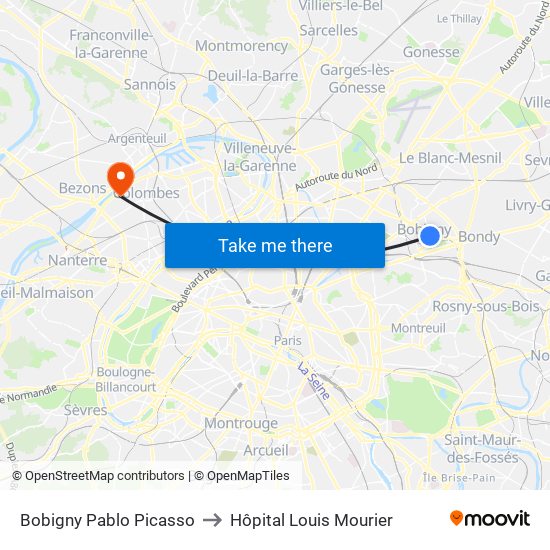 Bobigny Pablo Picasso to Hôpital Louis Mourier map