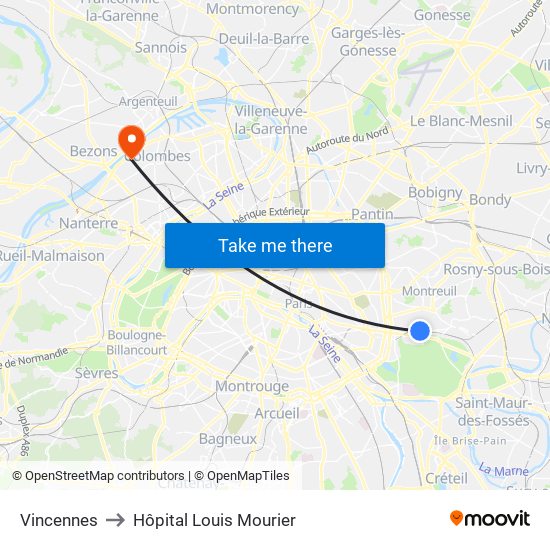 Vincennes to Hôpital Louis Mourier map