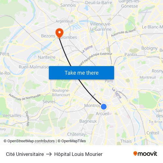 Cité Universitaire to Hôpital Louis Mourier map