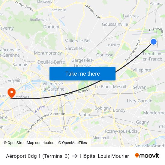 Aéroport Cdg 1 (Terminal 3) to Hôpital Louis Mourier map