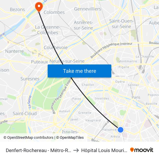Denfert-Rochereau - Métro-Rer to Hôpital Louis Mourier map
