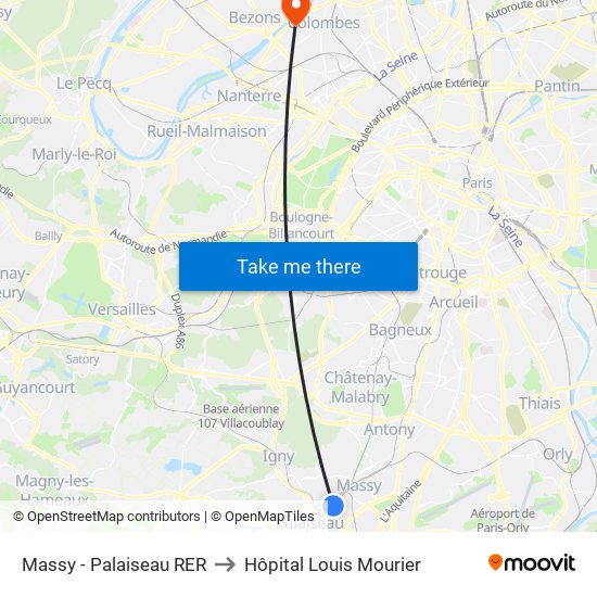 Massy - Palaiseau RER to Hôpital Louis Mourier map