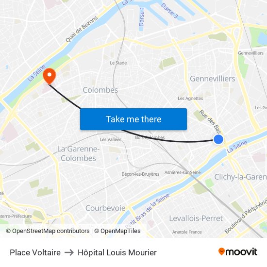 Place Voltaire to Hôpital Louis Mourier map