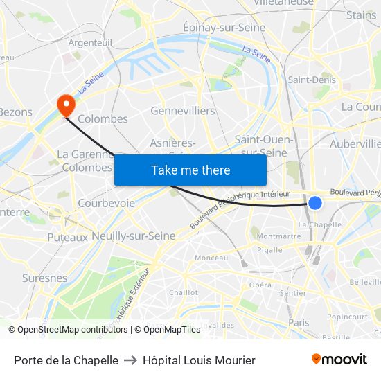 Porte de la Chapelle to Hôpital Louis Mourier map