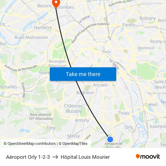 Aéroport Orly 1-2-3 to Hôpital Louis Mourier map