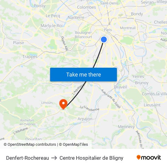 Denfert-Rochereau to Centre Hospitalier de Bligny map