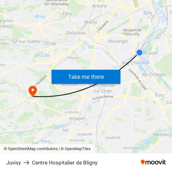 Juvisy to Centre Hospitalier de Bligny map