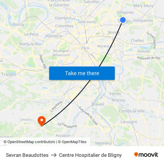 Sevran Beaudottes to Centre Hospitalier de Bligny map