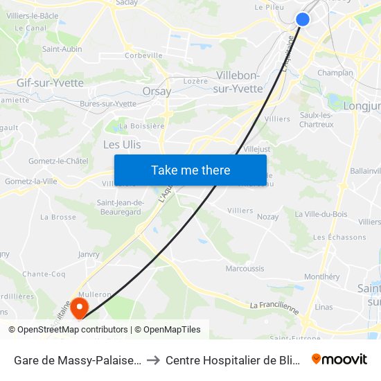 Gare de Massy-Palaiseau to Centre Hospitalier de Bligny map