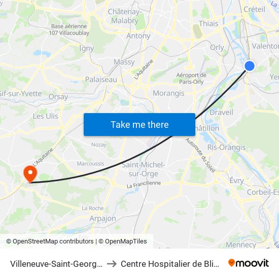 Villeneuve-Saint-Georges to Centre Hospitalier de Bligny map