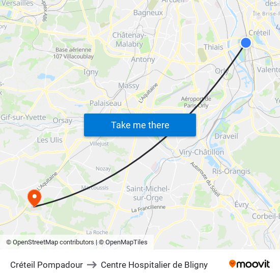 Créteil Pompadour to Centre Hospitalier de Bligny map