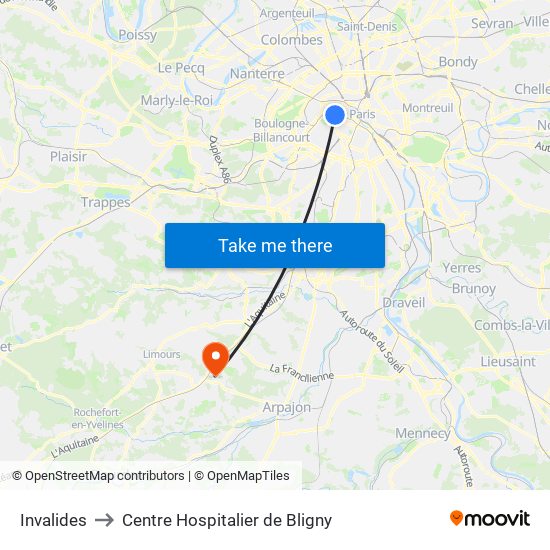 Invalides to Centre Hospitalier de Bligny map