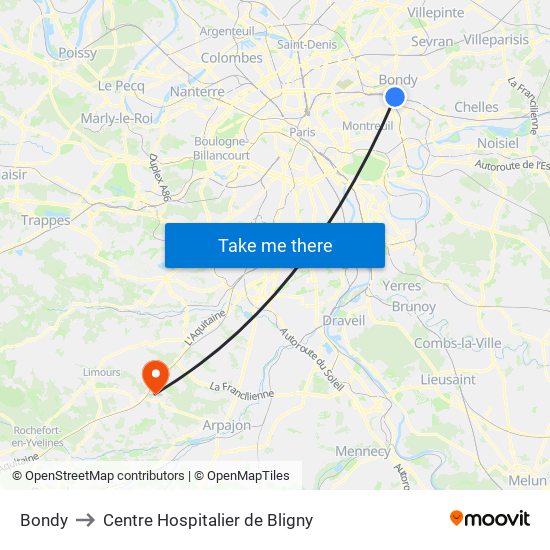 Bondy to Centre Hospitalier de Bligny map