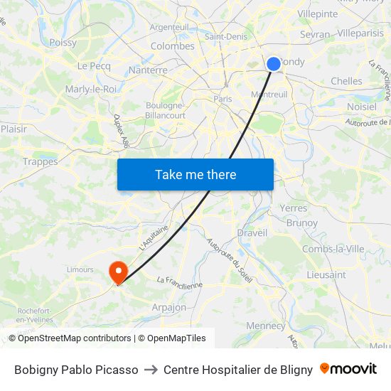 Bobigny Pablo Picasso to Centre Hospitalier de Bligny map