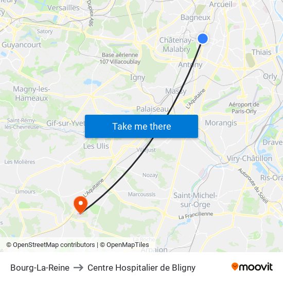 Bourg-La-Reine to Centre Hospitalier de Bligny map