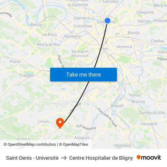 Saint-Denis - Université to Centre Hospitalier de Bligny map