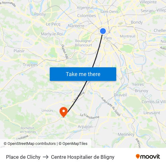 Place de Clichy to Centre Hospitalier de Bligny map