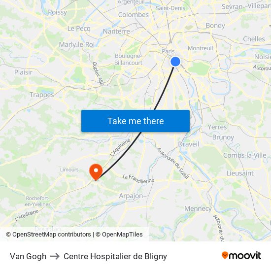 Van Gogh to Centre Hospitalier de Bligny map