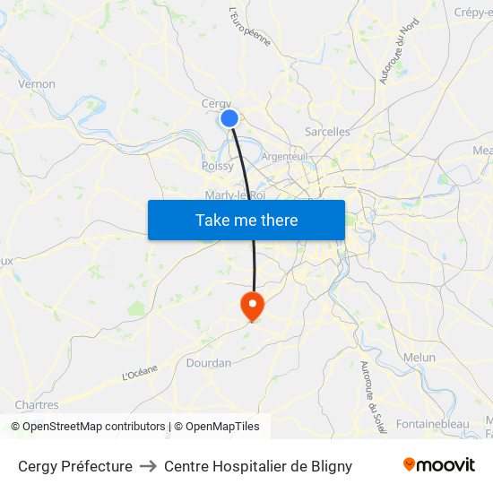 Cergy Préfecture to Centre Hospitalier de Bligny map
