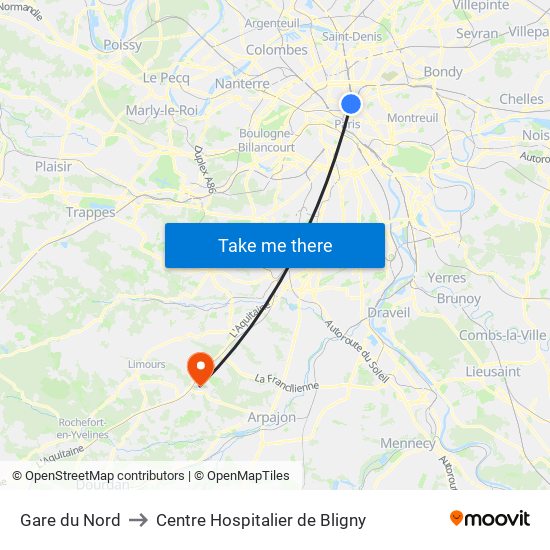 Gare du Nord to Centre Hospitalier de Bligny map