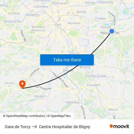 Gare de Torcy to Centre Hospitalier de Bligny map