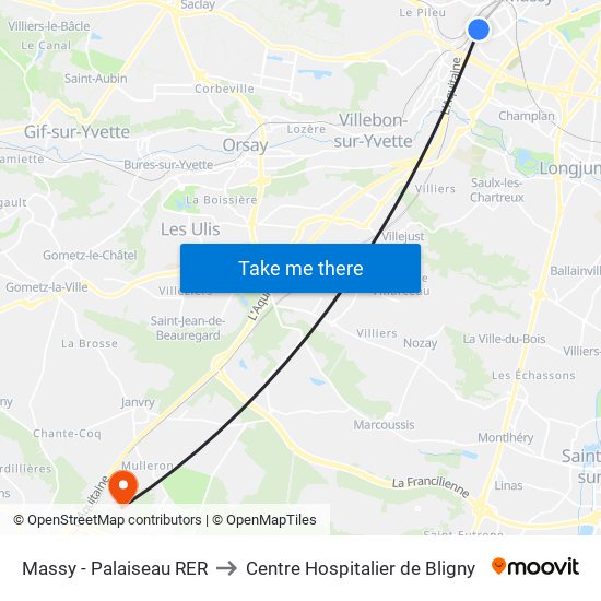 Massy - Palaiseau RER to Centre Hospitalier de Bligny map