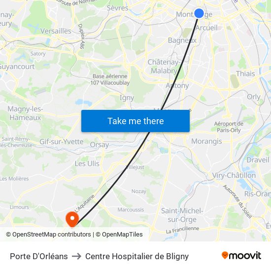 Porte D'Orléans to Centre Hospitalier de Bligny map