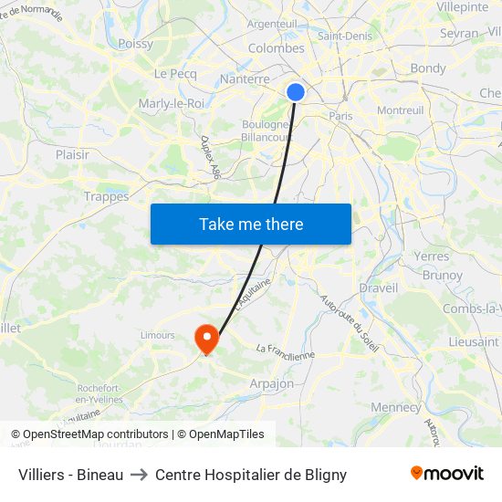 Villiers - Bineau to Centre Hospitalier de Bligny map