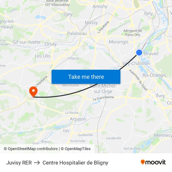 Juvisy RER to Centre Hospitalier de Bligny map