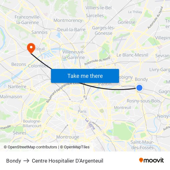 Bondy to Centre Hospitalier D'Argenteuil map