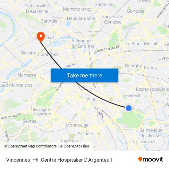 Vincennes to Centre Hospitalier D'Argenteuil map